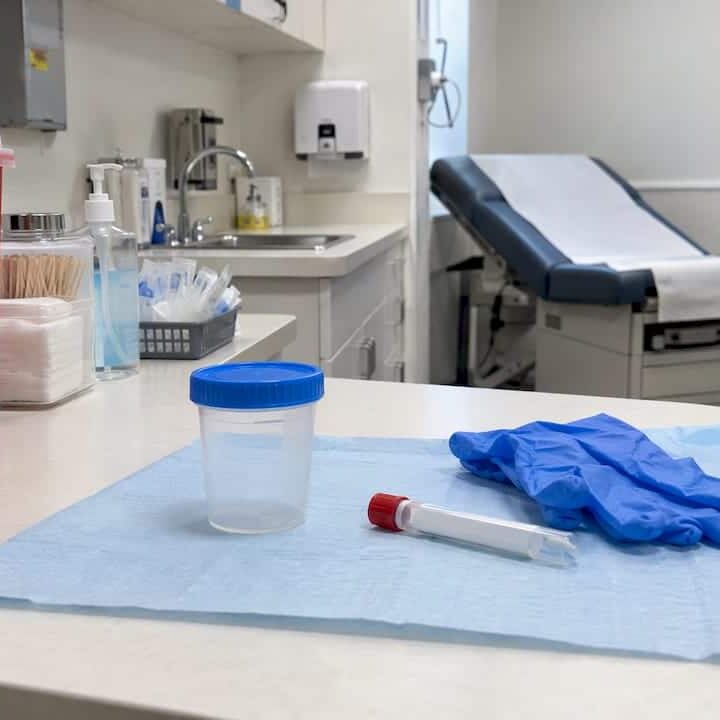 Specimen collection supplies in a clinic testing room
