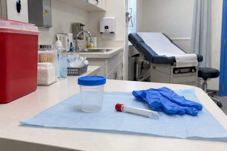 Specimen collection supplies in a clinic testing room