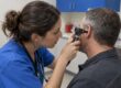 Clinician examining an adult ear with an otoscope