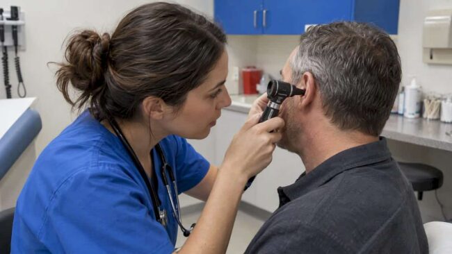 Clinician examining an adult ear with an otoscope