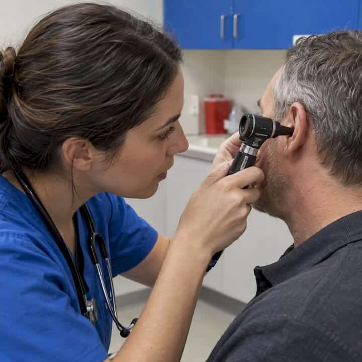 Clinician examining an adult ear with an otoscope