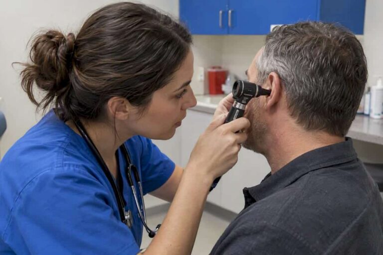 Clinician examining an adult ear with an otoscope