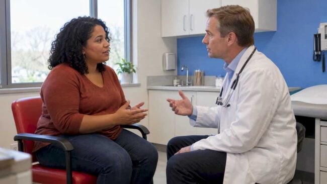Clinician and patient discussing migraine treatment