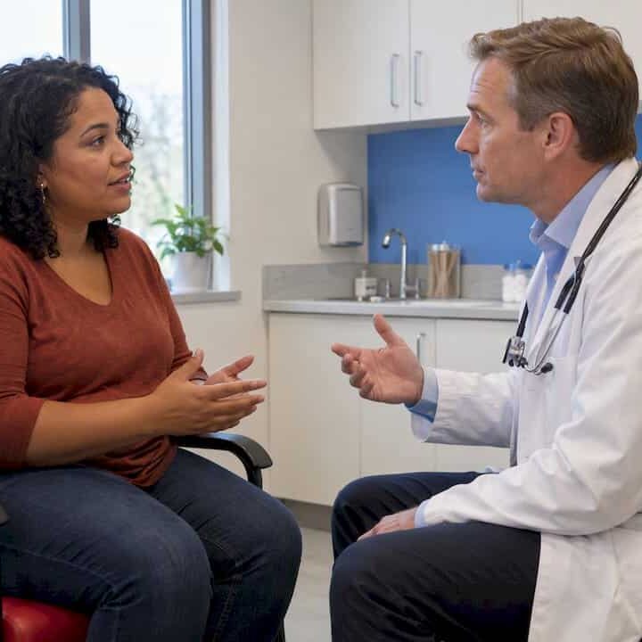 Clinician and patient discussing migraine treatment