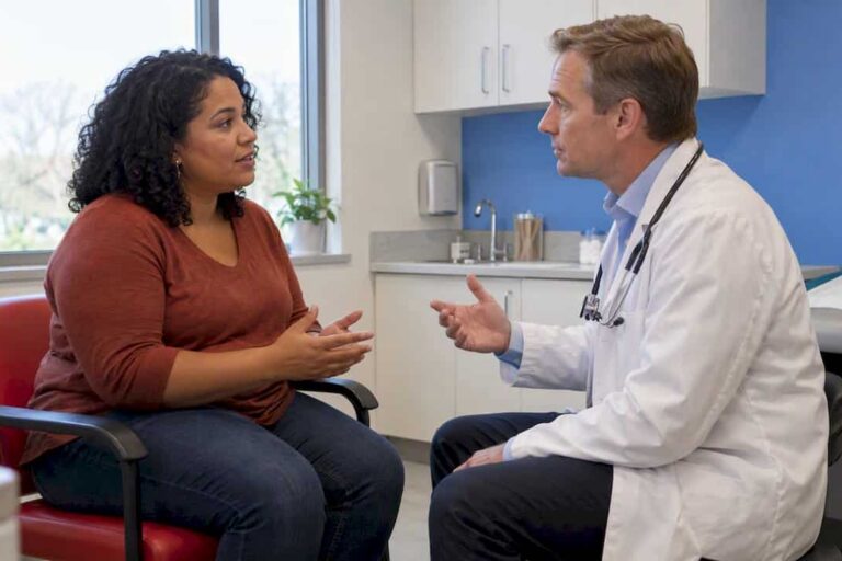 Clinician and patient discussing migraine treatment