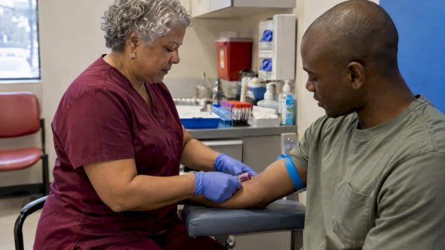Clinician collecting a blood sample during screening