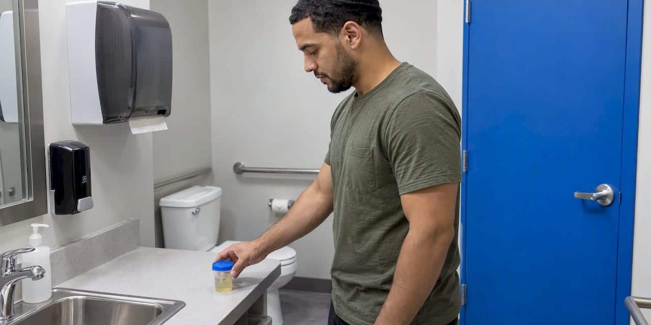 1793157482180_Patient-places-urine-sample-cup-in-clinic Patient places urine sample cup in clinic