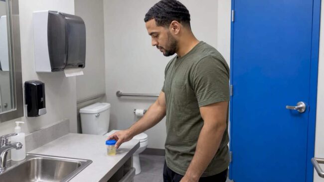 Patient places urine sample cup in clinic
