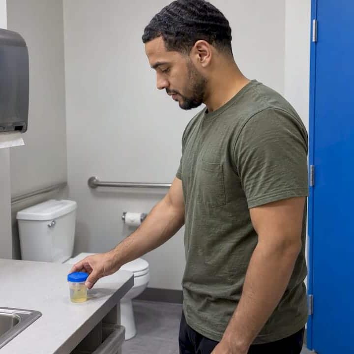 Patient places urine sample cup in clinic
